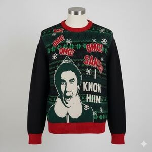 Ugly Sweater Christmas ELF Black & Red Crewneck Sweater with Festive Design‎ 2XL